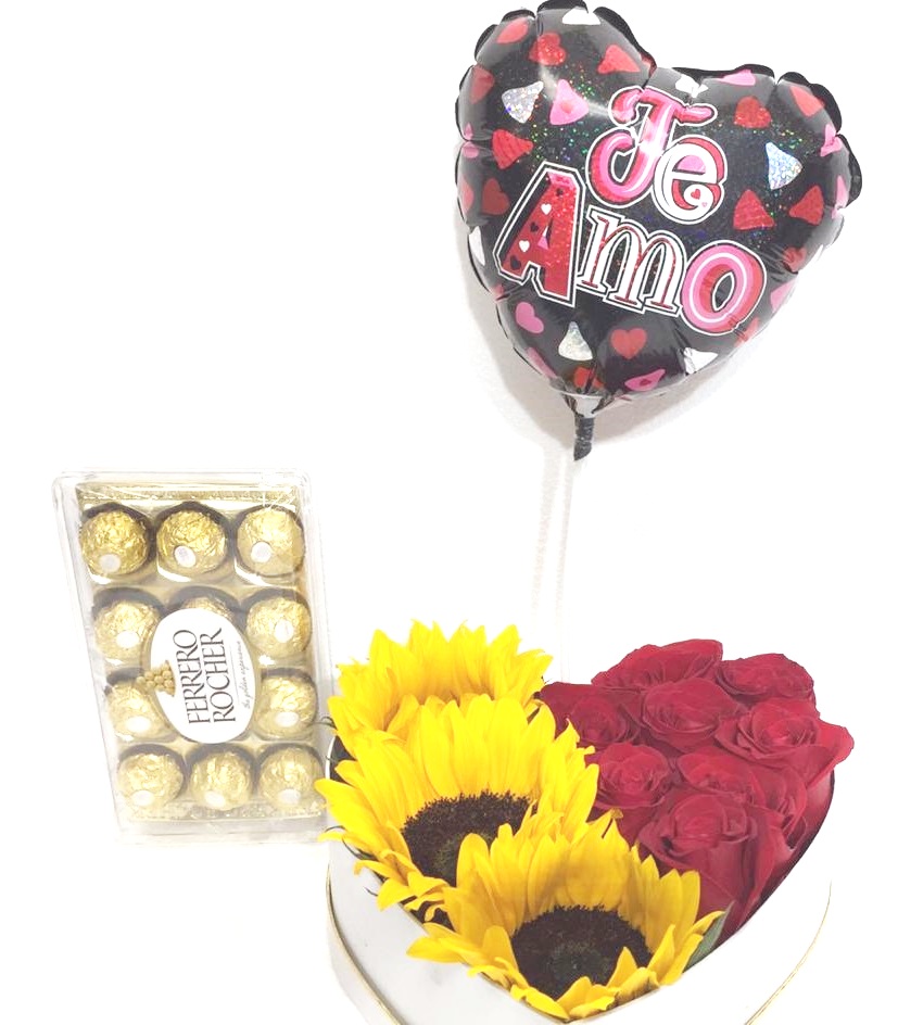 Caja corazn con 3 girasoles y 8 rosas ecuatorianas, Bombones Ferrero Rocher 150 Gramos y Globito